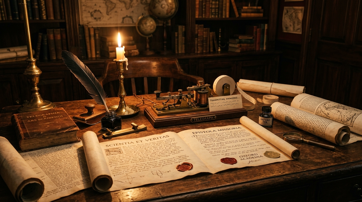 A classical scholarly desk with an antique telegraph machine and unrolled parchment scrolls