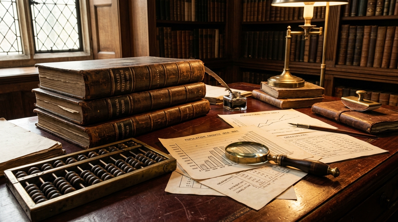 Vintage academic composition of data: leather ledgers, brass abacus, hand-drawn charts, and a magnifying glass on parchment.