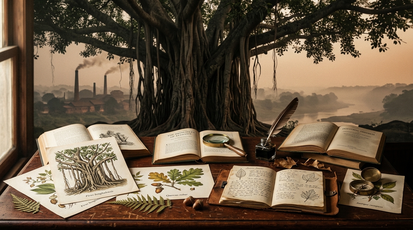 A vintage academic aesthetic composition symbolizing ecology and human development. A massive ancient Indian banyan tree juxtaposed with silhouettes of early industrial brick smokestacks.