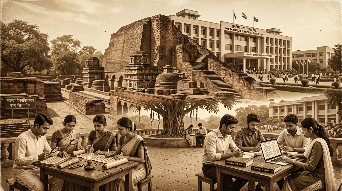 A majestic blend of ancient Indian university ruins (like Nalanda) and modern administrative architecture, rendered in a vintage academic sepia aesthetic.