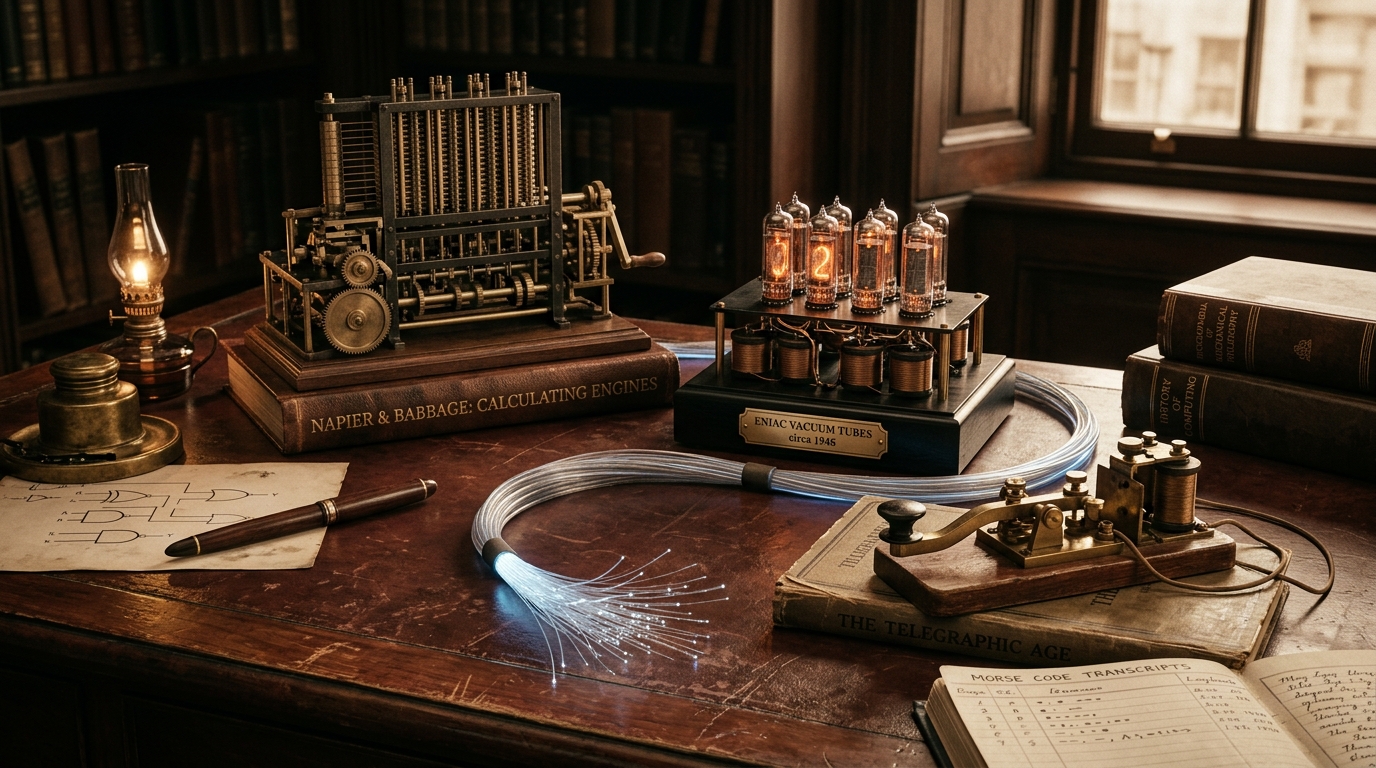 A vintage scholarly desk featuring an antique telegraph machine seamlessly connected to glowing modern fiber-optic cables.