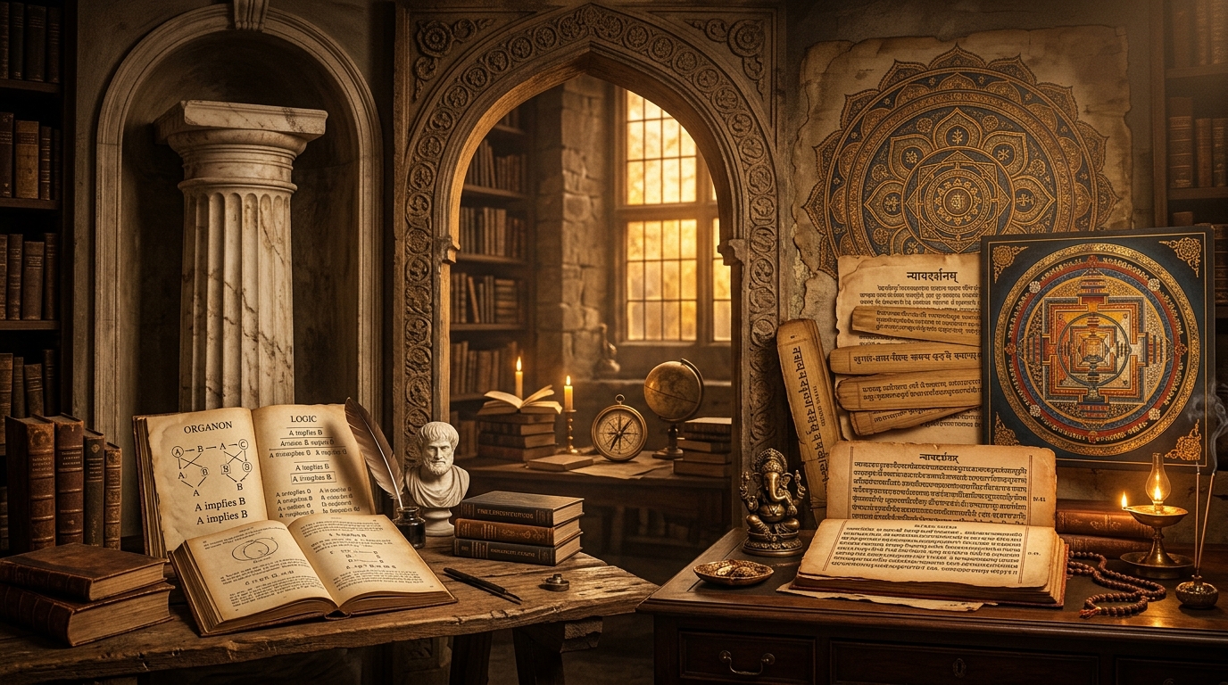 A fusion of Western logic and Indian philosophy: classical Greek marble pillars alongside ancient Sanskrit manuscripts and mandalas.