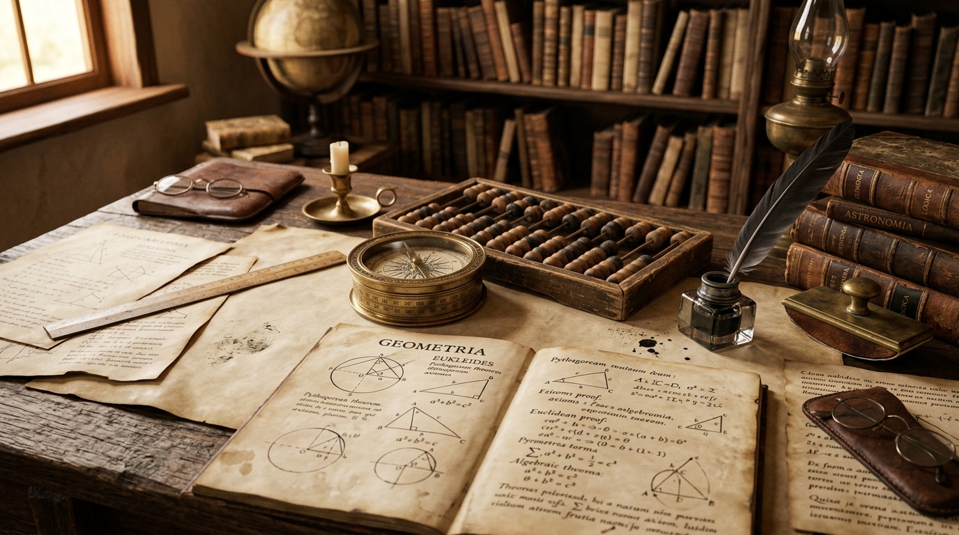 A classical scholarly desk featuring an antique brass compass and an ancient abacus.