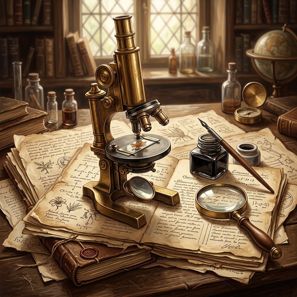 A vintage brass microscope, an inkwell, and a magnifying glass resting on old research manuscripts