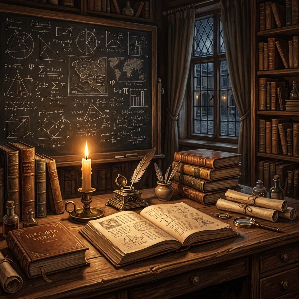 A classical scholarly desk with antique books, a glowing candle, and a blackboard