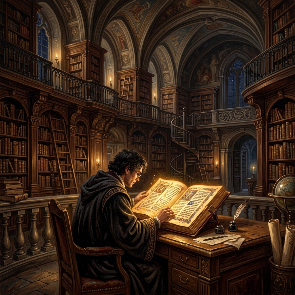 A person reading a glowing, intricate manuscript in a grand, ancient library